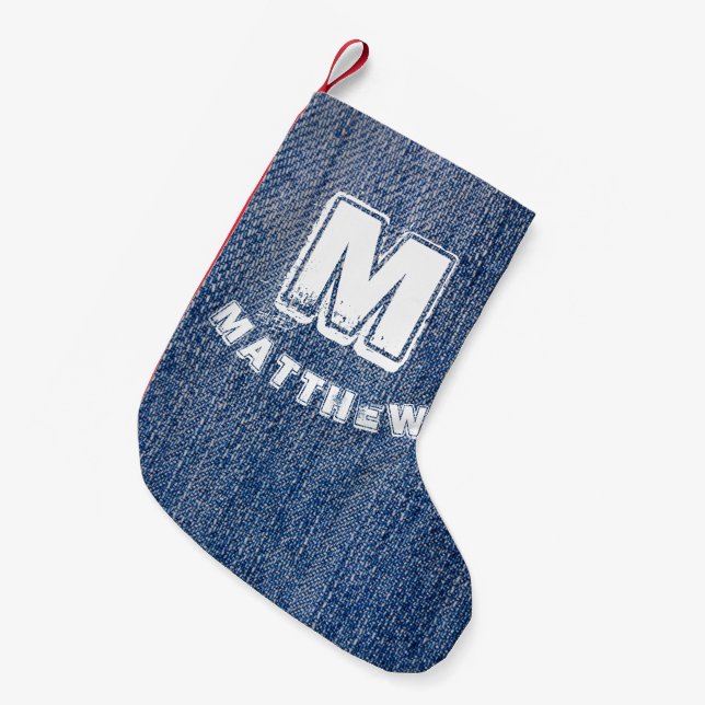 Calcetín Navideño Pequeño Nombre personalizado de los Navidades de Blue Jean (Frente (Colgado))