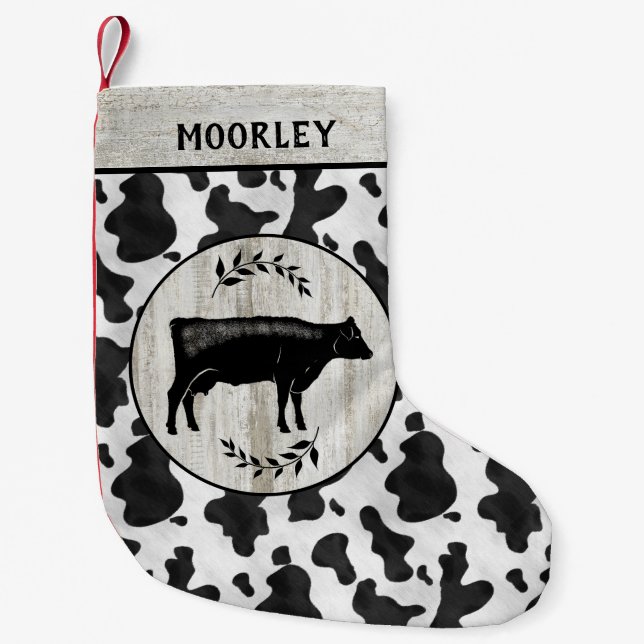 Calcetín Navideño Pequeño Nombre personalizado de madera de Piel de vaca rús (Anverso)