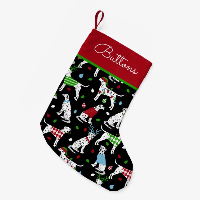 Calcetín Navideño Pequeño Nombre personalizado de navidades Dalmatian (Frente (Colgado))