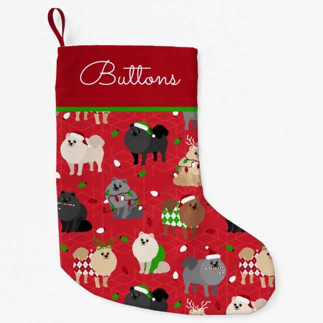 Calcetín Navideño Pequeño Nombre personalizado de navidades Pomeranian (Anverso)