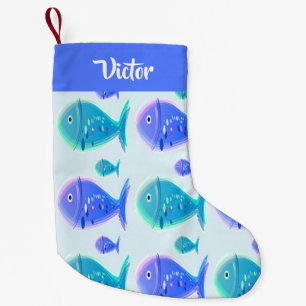 Calcetín Navideño Pequeño Nombre personalizado de pez azul