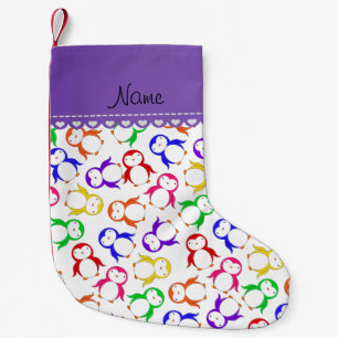 Calcetín Navideño Pequeño Nombre personalizado de pingüinos arcoiris blancos