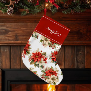 Calcetín Navideño Pequeño Nombre personalizado de Poinsettias