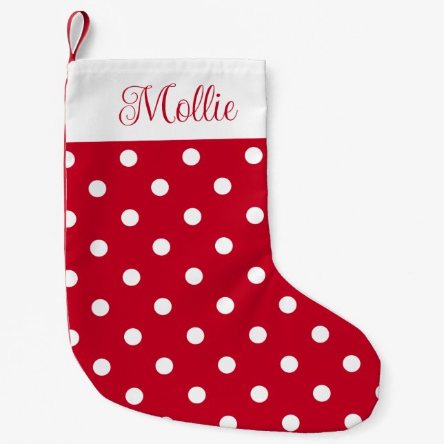 Calcetín Navideño Pequeño Nombre personalizado de punto de polka rojo y blan (Anverso)
