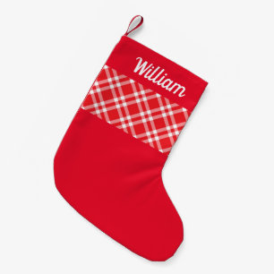 Calcetín Navideño Pequeño Nombre personalizado de Red Plaid ruso