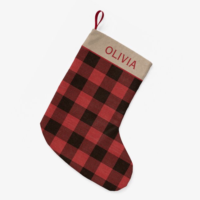 Calcetín Navideño Pequeño Nombre personalizado de relleno de búfalo rojo (Frente (Colgado))