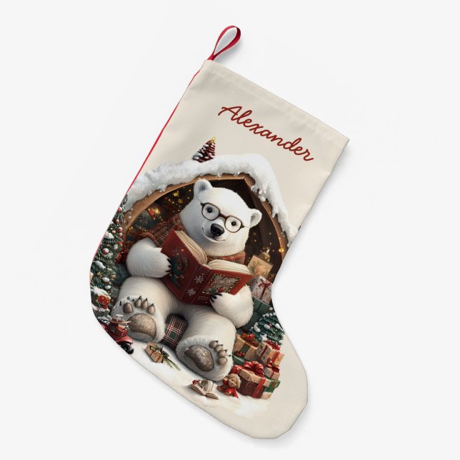 Calcetín Navideño Pequeño Nombre personalizado del oso polar (Frente (Colgado))