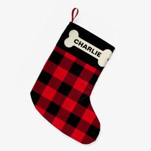 Calcetín Navideño Pequeño Nombre personalizado del perro dorado rojo rustico