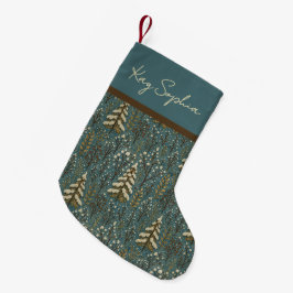 Calcetín Navideño Pequeño Nombre personalizado en patrón de árboles de bosqu