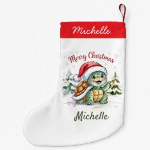 Calcetín Navideño Pequeño Nombre personalizado: Feliz tortuga navideña en Sa