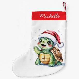 Calcetín Navideño Pequeño Nombre personalizado: Feliz tortuga navideña en Sa