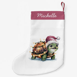 Calcetín Navideño Pequeño Nombre personalizado: Feliz tortuga navideña en Sa
