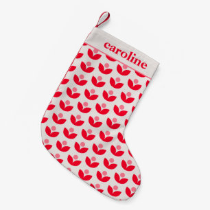 Calcetín Navideño Pequeño Nombre Personalizado Festivo Geométrico Rosa Rojo