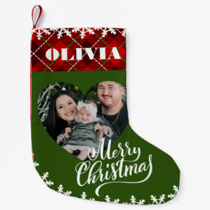 Calcetín Navideño Pequeño Nombre personalizado Foto Feliz Navidad Verde