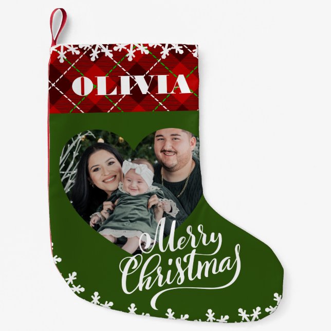 Calcetín Navideño Pequeño Nombre personalizado Foto Feliz Navidad Verde (Anverso)