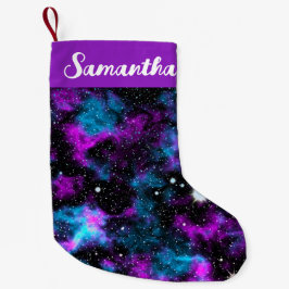 Calcetín Navideño Pequeño Nombre personalizado galaxia púrpura y azul cósmic