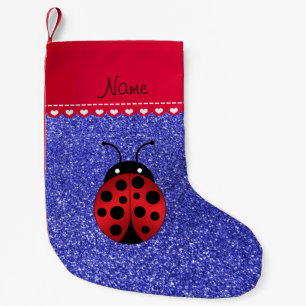 Calcetín Navideño Pequeño Nombre personalizado ladybug azul purpurina banda 
