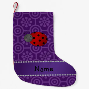 Calcetín Navideño Pequeño Nombre personalizado ladybug flores retro púrpura