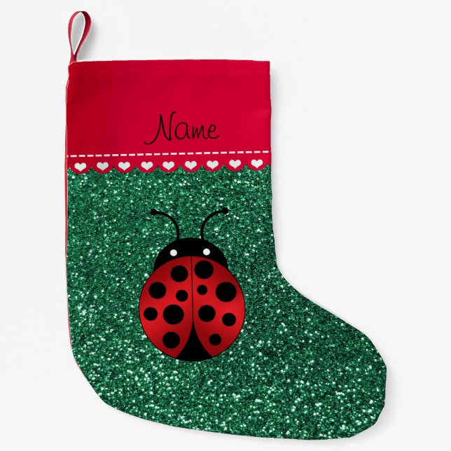 Calcetín Navideño Pequeño Nombre personalizado ladybug menta verde purpurina (Anverso)
