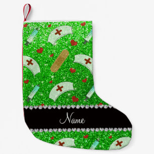 Calcetín Navideño Pequeño Nombre personalizado lime verde purpurina enfermer