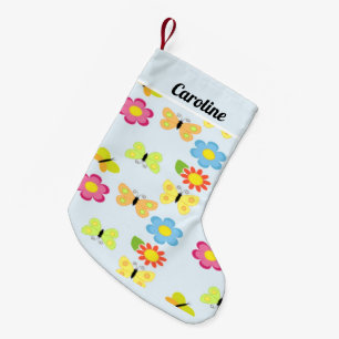 Calcetín Navideño Pequeño Nombre personalizado mariposas y flores patrón azu