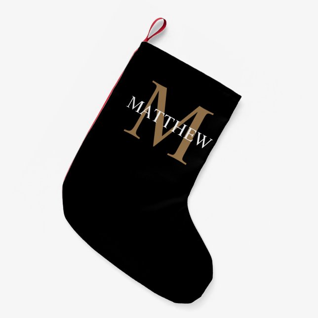 Calcetín Navideño Pequeño Nombre personalizado Monograma negro (Frente (Colgado))