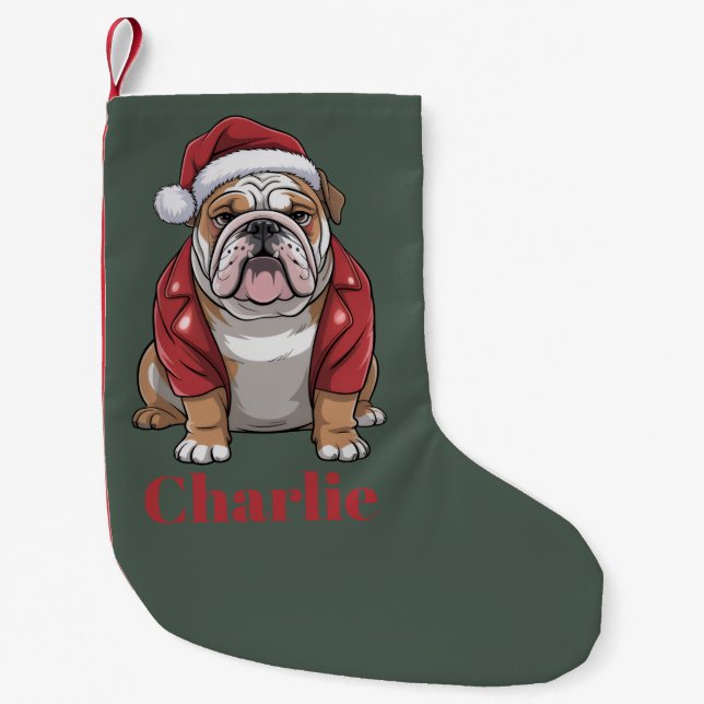 Calcetín Navideño Pequeño Nombre personalizado Navidades de perros Bulldoges (Anverso)