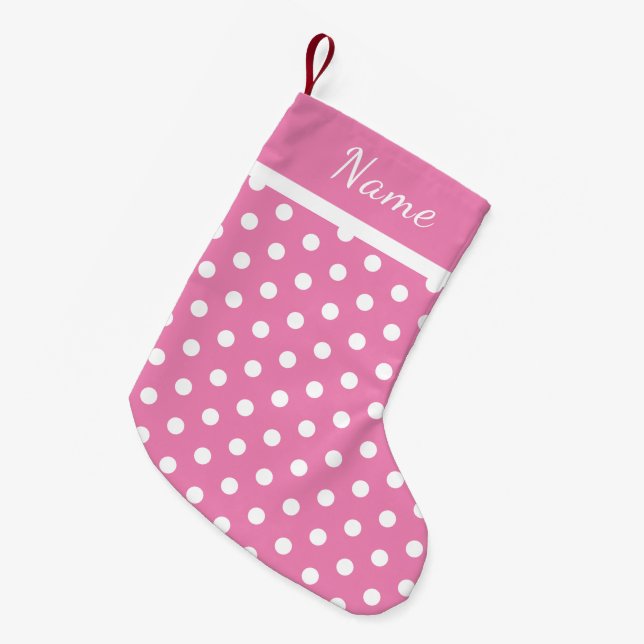 Calcetín Navideño Pequeño Nombre personalizado Navidades rosados con puntos  (Frente (Colgado))