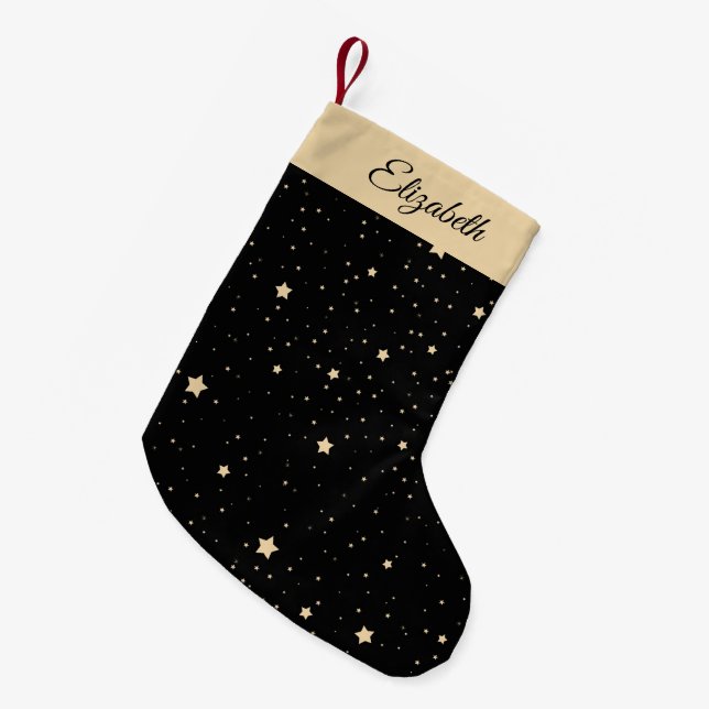 Calcetín Navideño Pequeño Nombre personalizado Noche estrellada de oro y neg (Frente (Colgado))