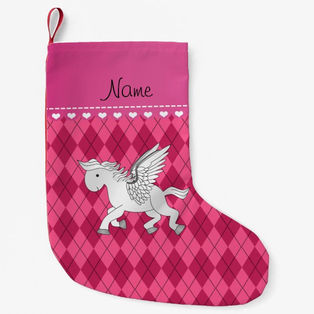 Calcetín Navideño Pequeño Nombre personalizado pegasus argyle rosa (Anverso)