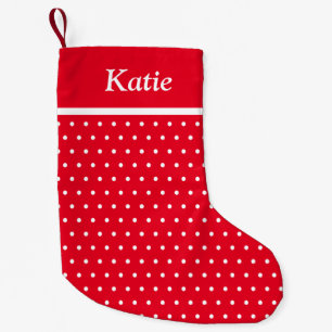 Calcetín Navideño Pequeño Nombre personalizado Polka Dot rojo y blanco