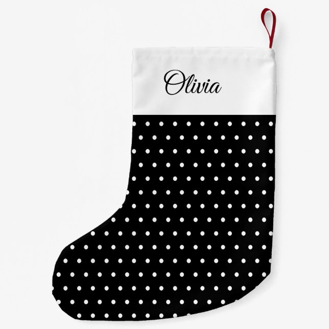 Calcetín Navideño Pequeño Nombre personalizado Punto de polka blanco y negro (Reverso)