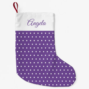 Calcetín Navideño Pequeño Nombre personalizado Punto de polka morado y blanc