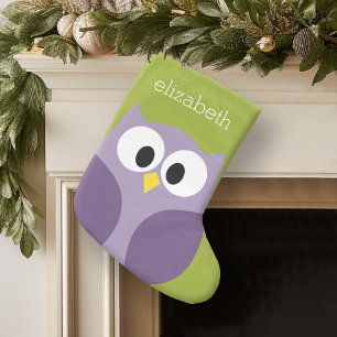 Calcetín Navideño Pequeño Nombre personalizado púrpura y pistachio de búho