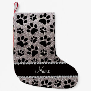Calcetín Navideño Pequeño Nombre personalizado purpurina de plata pastas de