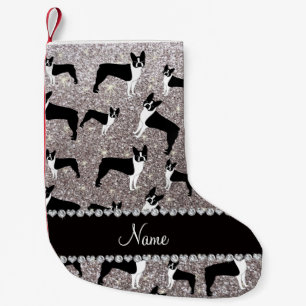 Calcetín Navideño Pequeño Nombre personalizado purpurina plata boston terrie
