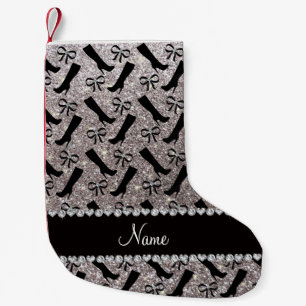 Calcetín Navideño Pequeño Nombre personalizado purpurina plata botas arcos