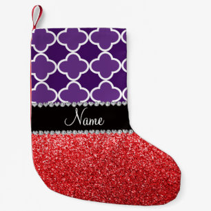 Calcetín Navideño Pequeño Nombre personalizado quatrefoil púrpura purpurina