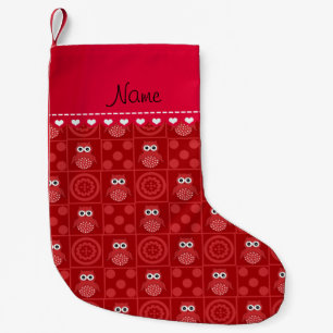 Calcetín Navideño Pequeño Nombre personalizado retro rojo owls círculos