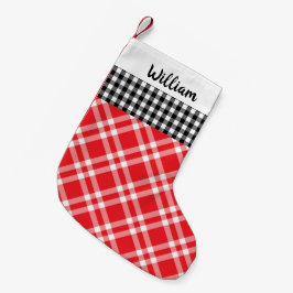 Calcetín Navideño Pequeño Nombre personalizado Ruso de Gingham Plaid Black&R