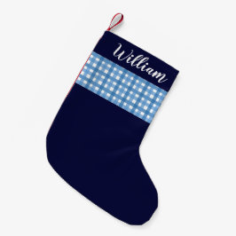 Calcetín Navideño Pequeño Nombre personalizado rustico de la placa azul