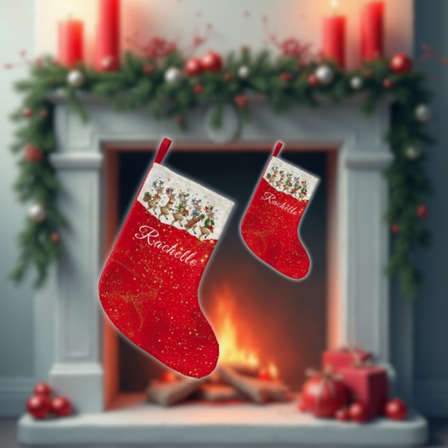 Calcetín Navideño Pequeño Nombre rojo marchando Navidades quirosos renos (Subido por el creador)