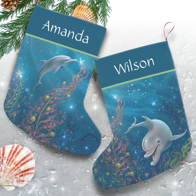 Calcetín Navideño Pequeño Nombre único de delfín mágico con tema de playa (Add your personalized name to these unique Dolphin Christmas Stockings.)