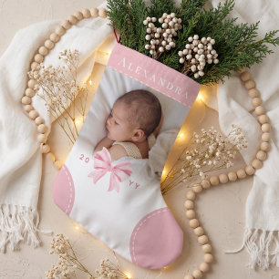 Calcetín Navideño Pequeño Nombre y foto de lazo rosa lindo Primera Navidad d