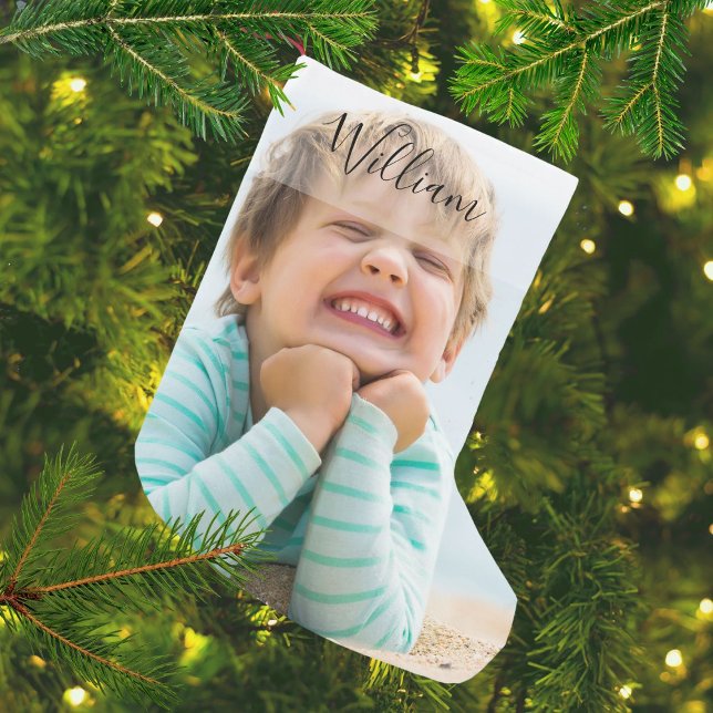 Calcetín Navideño Pequeño Nombre y foto personalizados (Personalized Name and Photo Small Christmas Stocking)