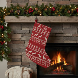 Calcetín Navideño Pequeño Nordic Reindeer Sweater Pattern personalized Name