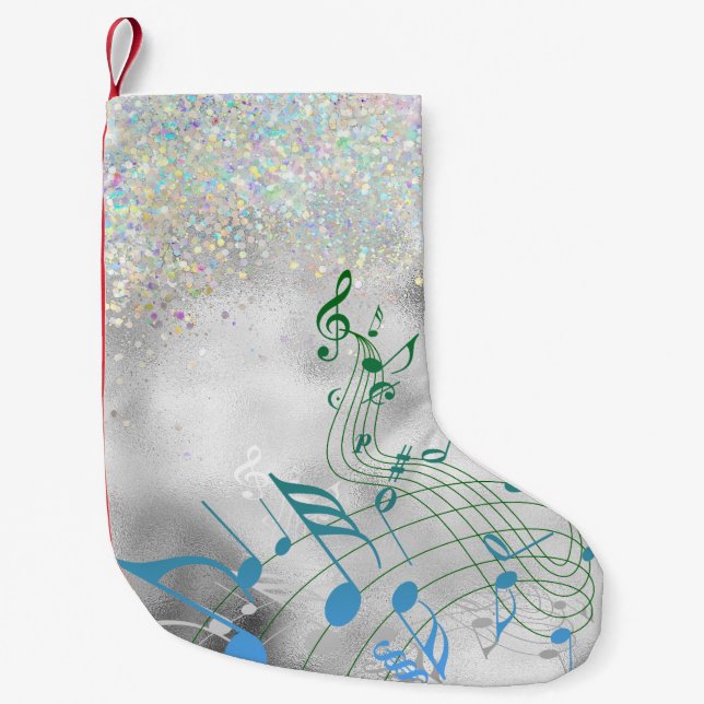 Calcetín Navideño Pequeño Notas musicales con Faux Sparkle (Anverso)