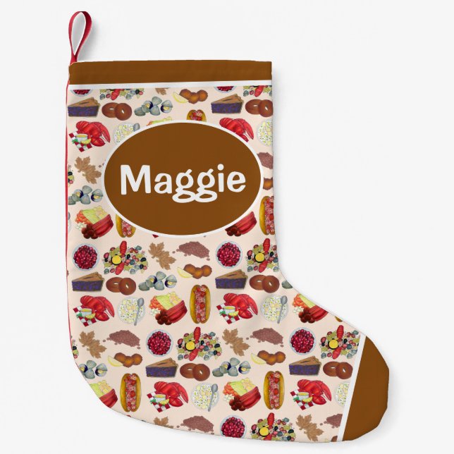 Calcetín Navideño Pequeño Nueva Inglaterra Alimentos Lobster Clama Cranberri (Anverso)