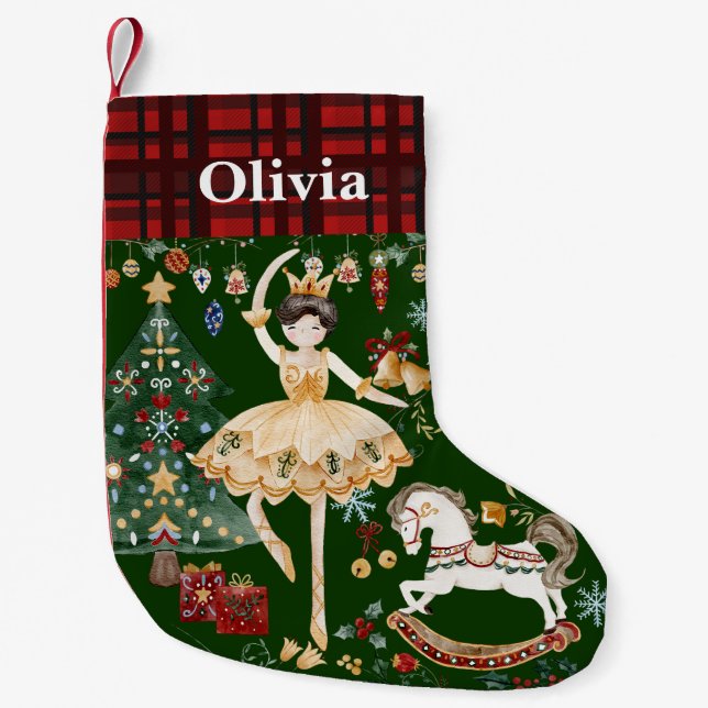 Calcetín Navideño Pequeño Nutcracker Ballet Sugar Pluma Fairy Red Gingham (Anverso)