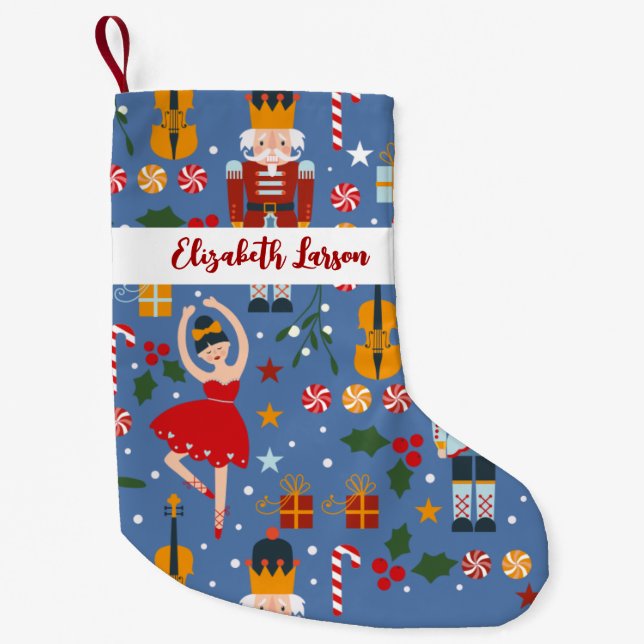 Calcetín Navideño Pequeño Nutcracker y Ballerina Cuesta Feliz Navidad Rosa (Anverso)